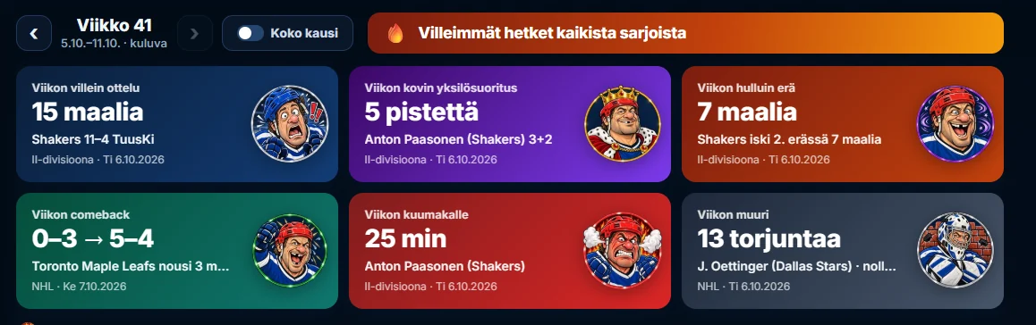 Huiput: viikon villein ottelu, kovin yksilösuoritus, hulluin erä ja muut