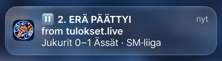 Jääkiekkoilmoitus iPhonella: 2. erä päättyi, Jukurit 0–1 Ässät, SM-liiga