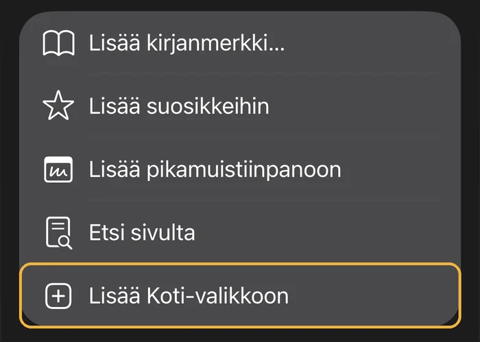 iPhonen Safarin jakovalikko: Lisää Koti-valikkoon