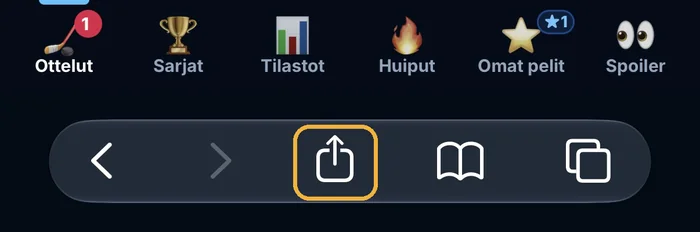 iPhonen Safarin alapalkki: Jaa-painike, neliö ja nuoli ylös
