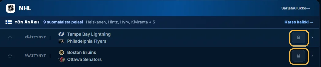 Ottelulista spoiler-tilassa: tulosten paikalla lukko